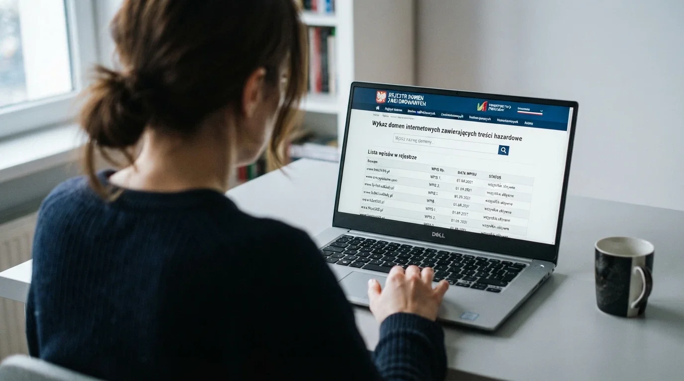 Ekran przeglądarki z widoczną stroną hazard.mf.gov.pl — Rejestr Domen Służących do Oferowania Gier Hazardowych Niezgodnie z Ustawą, z polem wyszukiwania domeny