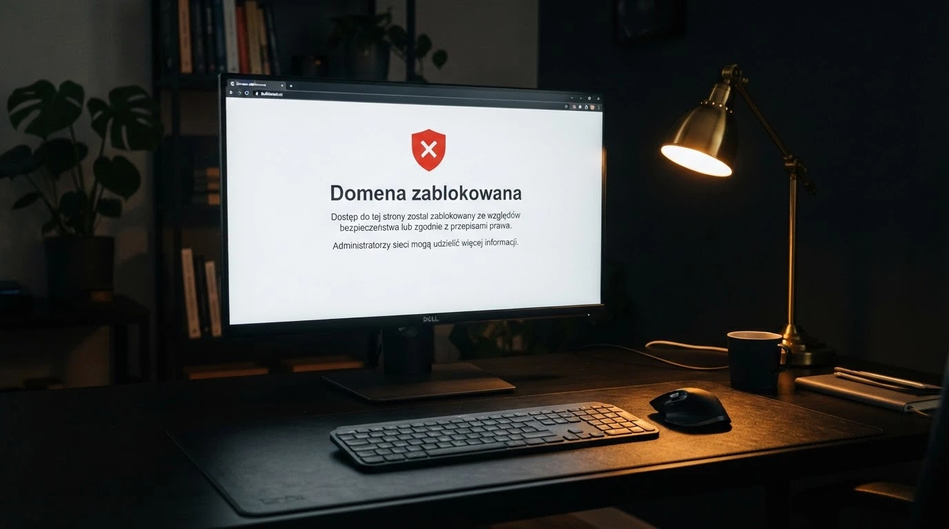 Monitor komputera z widocznym komunikatem systemowym o zablokowaniu dostępu do domeny hazardowej — w tle logo Ministerstwa Finansów