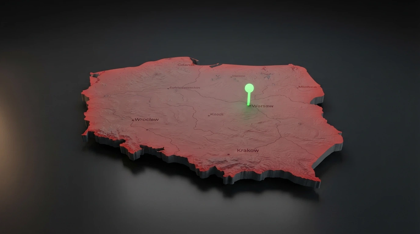 Mapa Polski z czerwoną strefą oznaczającą kasyna offshore i zielonym punktem Total Casino — kontrast legalne vs. nielegalne