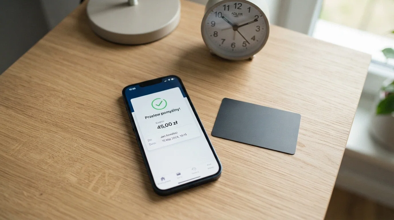 Smartfon wyświetlający aplikację portfela elektronicznego obok karty bankowej, z symbolem przelewu i zegarem pokazującym szybki czas realizacji