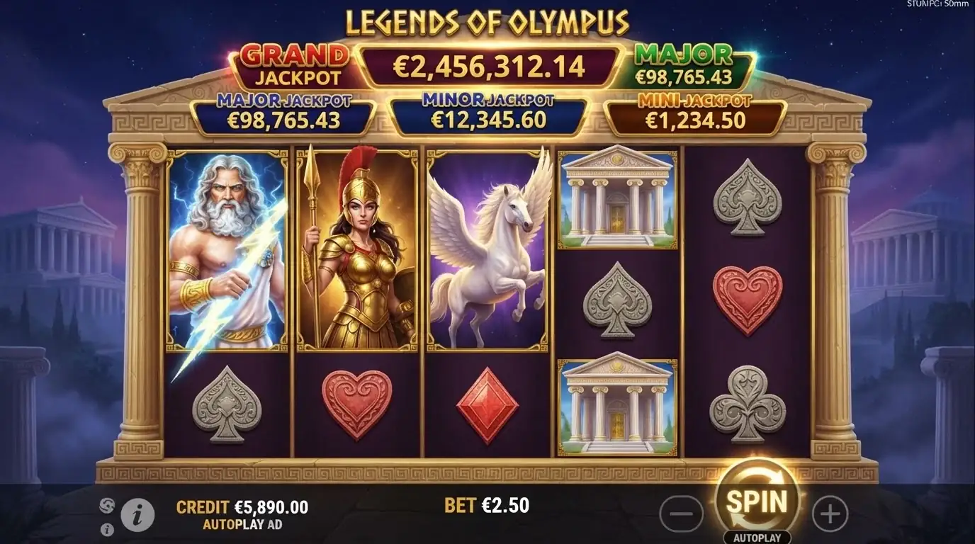 Ekran slotu z serii Age of the Gods — bębny z greckimi bóstwami, widoczny licznik czterech progresywnych jackpotów nad siatką gry