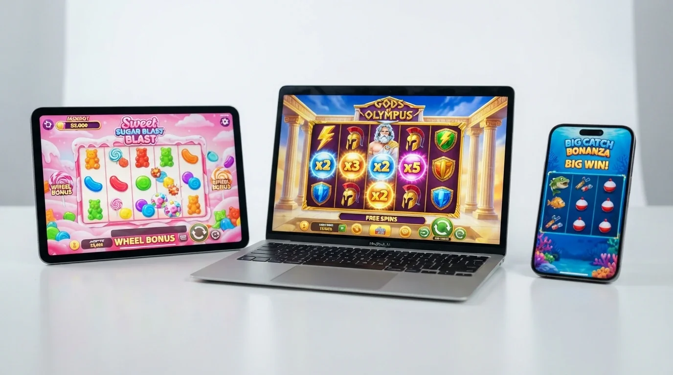 Kolaż kolorowych automatów Pragmatic Play: Sweet Bonanza, Gates of Olympus i Big Bass Bonanza na ekranach