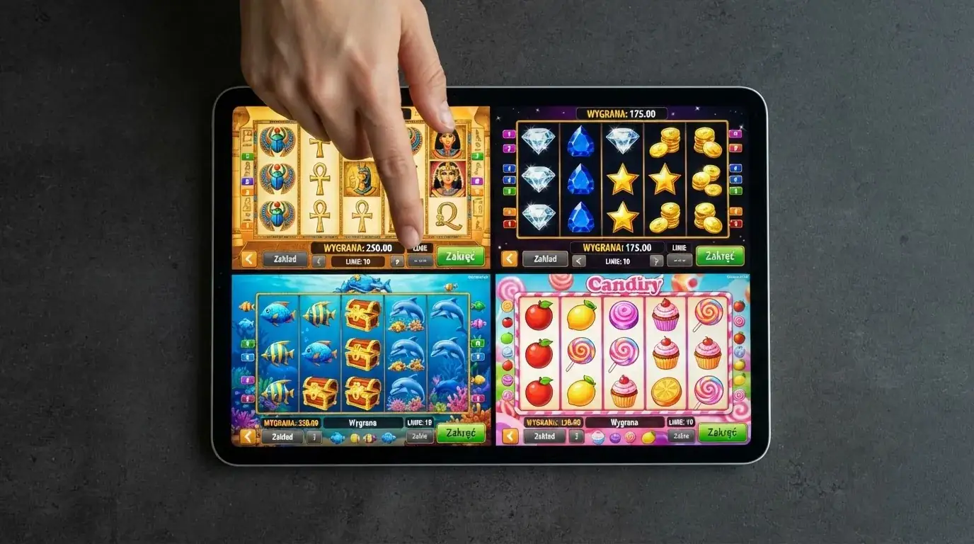 Cztery popularne automaty slotowe — Book of Dead, Starburst, Big Bass Bonanza i Sweet Bonanza — na ekranie obok siebie