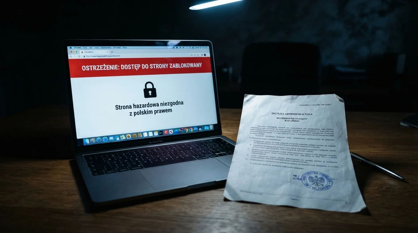 Dokument z pieczęcią Ministerstwa Finansów obok ekranu z przekreśloną ikoną kasyna offshore