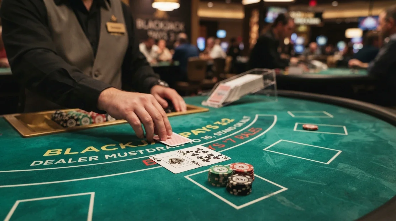 Krupier rozdający karty z buta przy stole do blackjacka na żywo — zbliżenie na karty i układ stołu