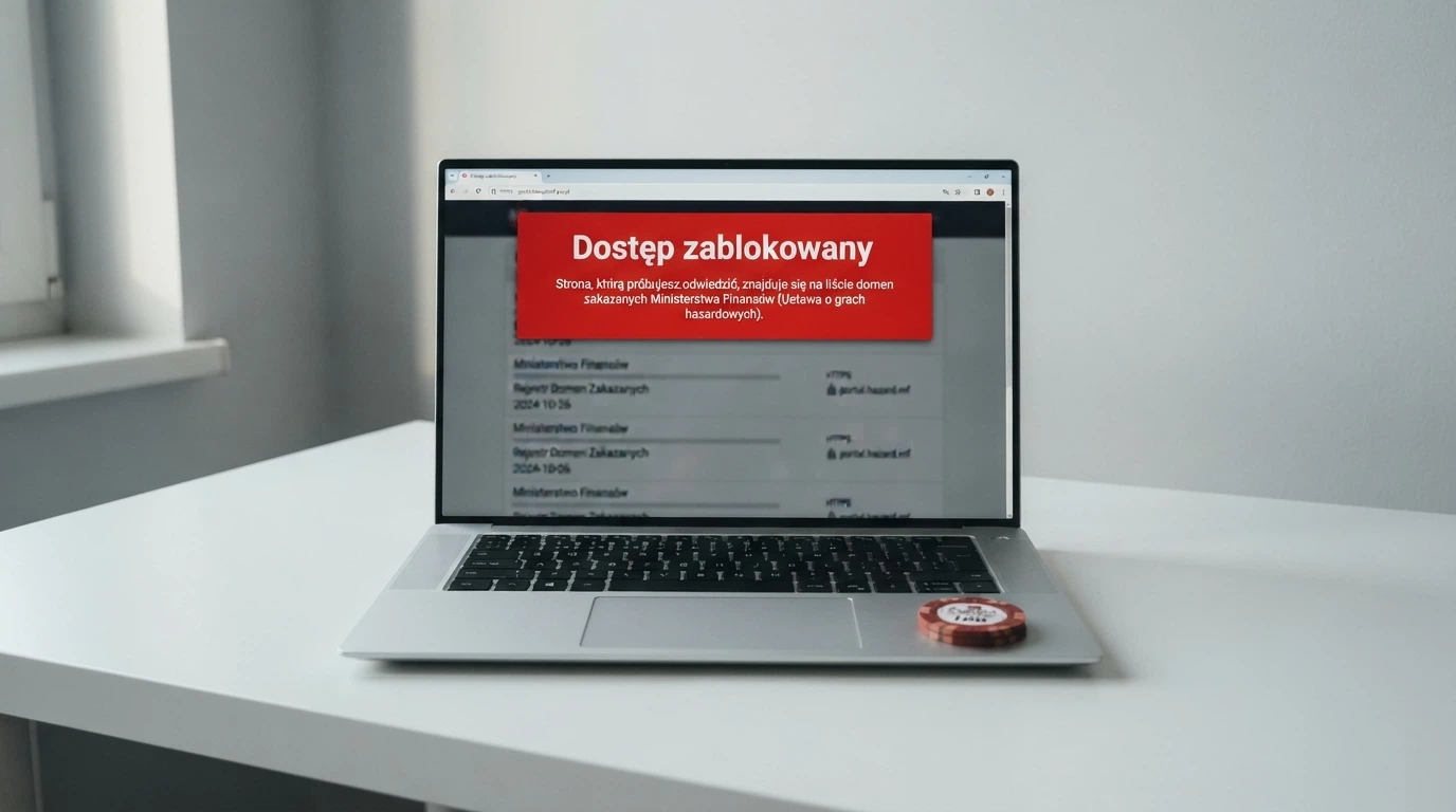 Dokument urzędowy z pieczęcią Ministerstwa Finansów na tle ekranu komputera wyświetlającego listę kasyn online z przekreślonymi nazwami operatorów offshore