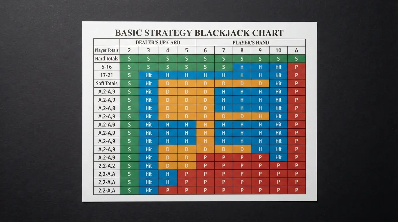 Kolorowa tabela strategii podstawowej blackjacka — układ gracza w pionie, karta krupiera w poziomie, każda komórka pokazuje optymalną decyzję (hit, stand, double, split)