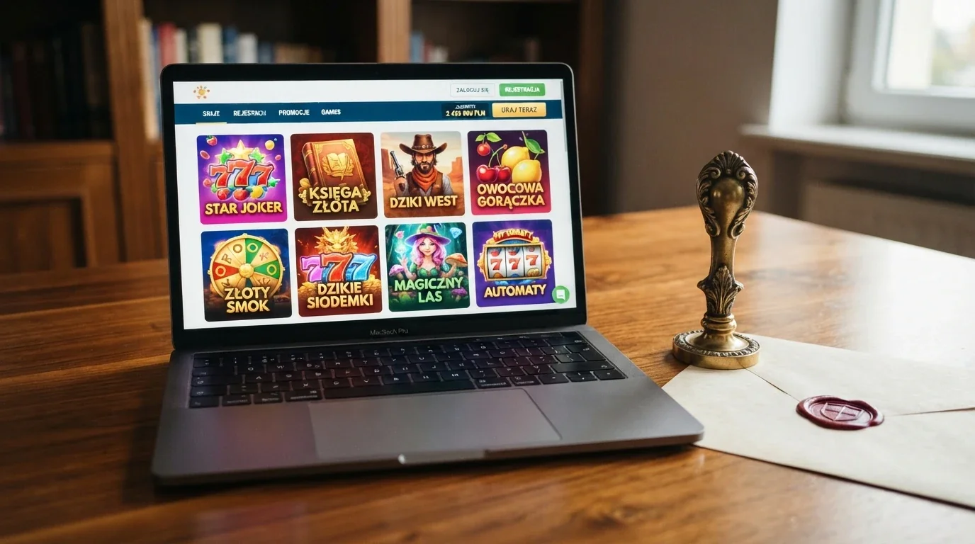 Logo Total Casino na ekranie laptopa obok dokumentu z pieczęcią Ministerstwa Finansów