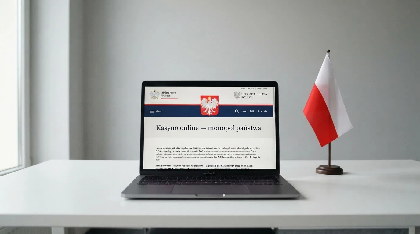 Ekran z polską flagą i godłem obok strony Ministerstwa Finansów, w tle symbol Totalizatora Sportowego i napis „Total Casino – jedyne legalne kasyno online w Polsce”