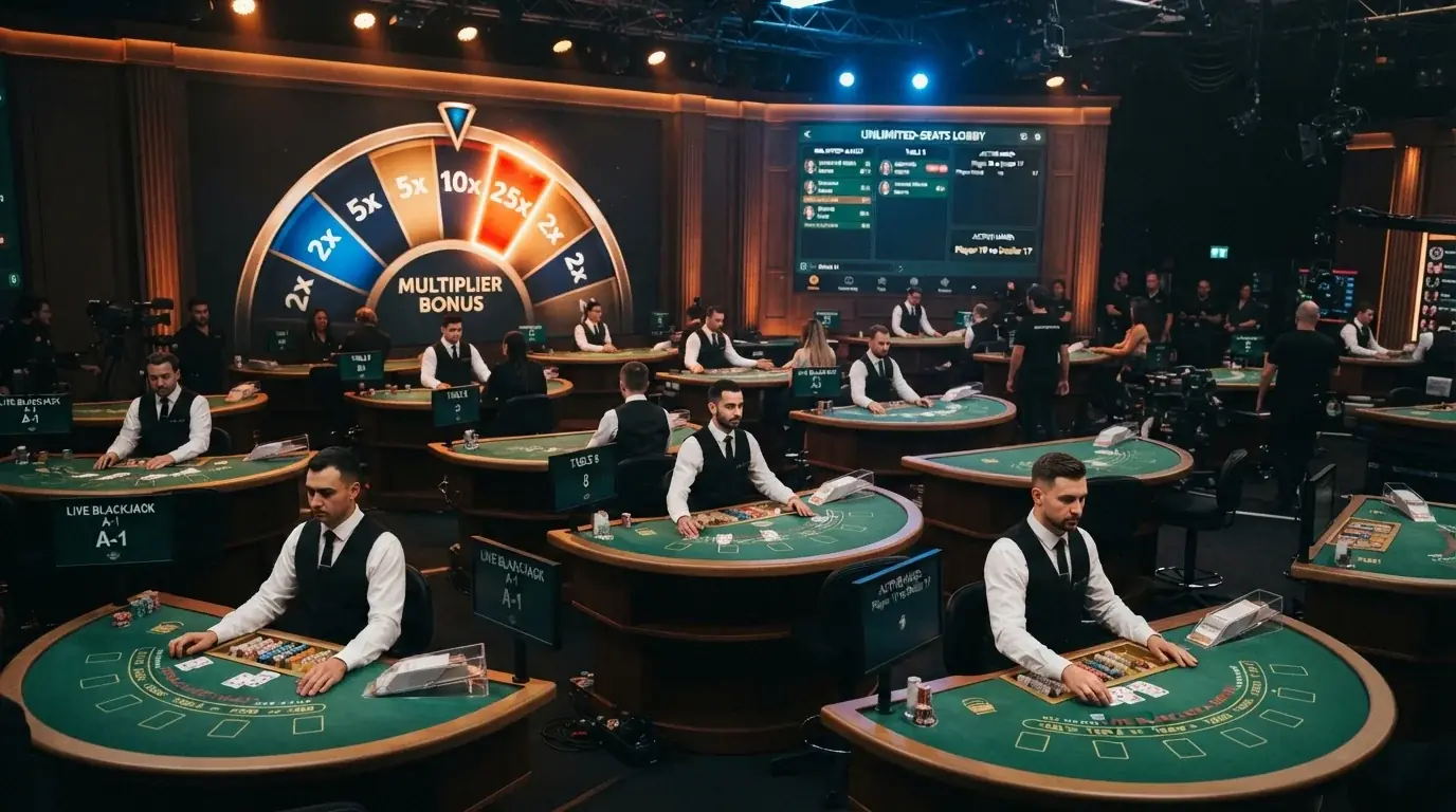 Sześć stołów do blackjacka na żywo od Evolution Gaming — Infinite Blackjack z nieograniczoną liczbą miejsc obok Lightning Blackjack z widocznymi mnożnikami na ekranie