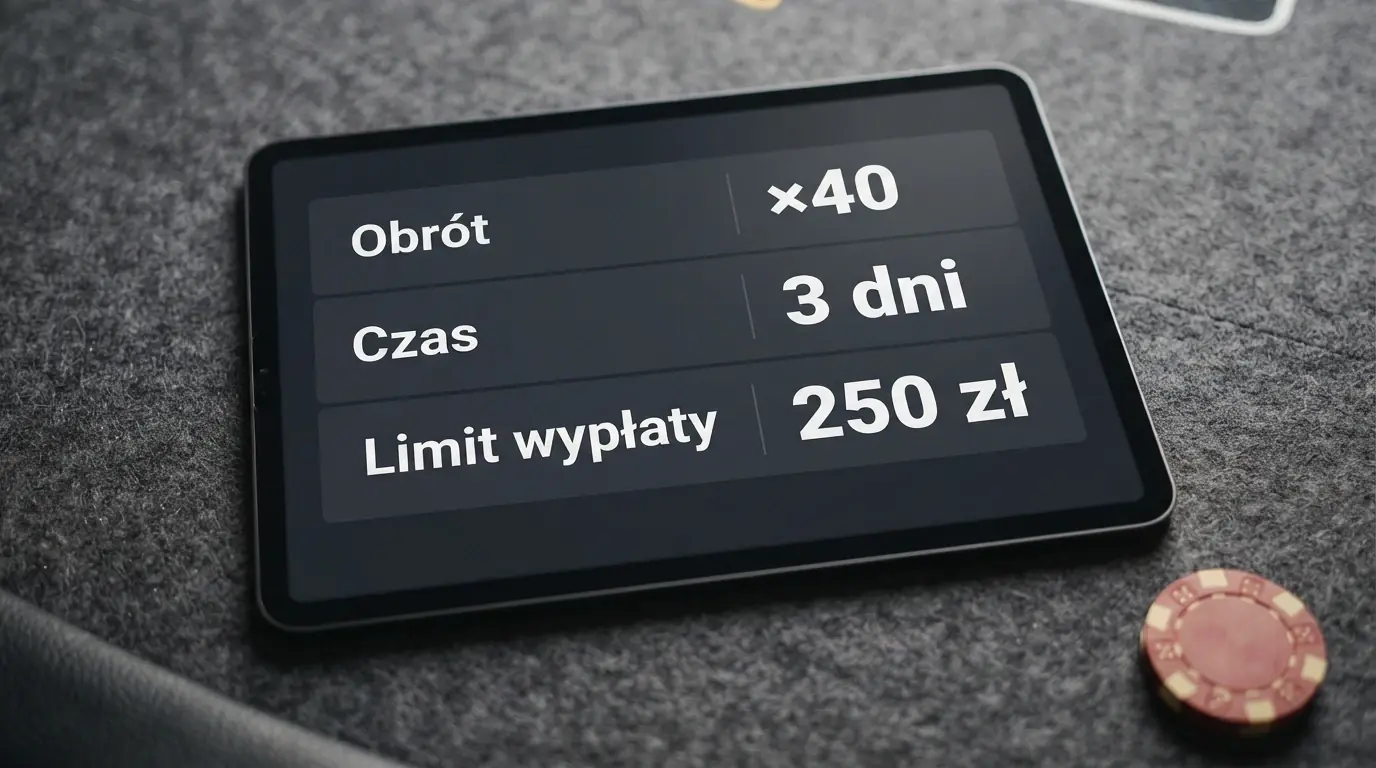 Zbliżenie na tabelę warunków bonusu — pola warunku obrotu, limitu czasowego i maksymalnej wypłaty