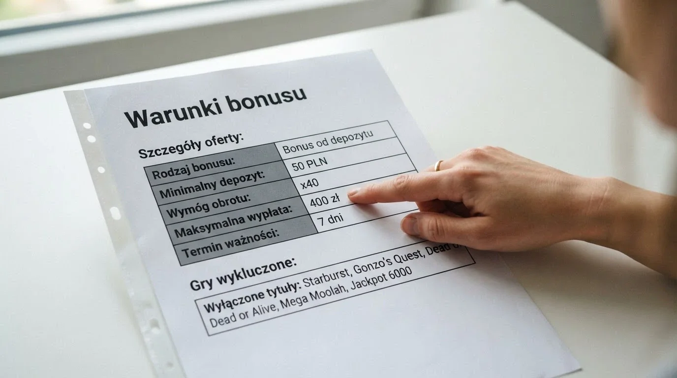 Zbliżenie na fragment regulaminu bonusu — widoczne pola: wymóg obrotu x40, maksymalna wypłata 400 zł, termin ważności 7 dni, lista wykluczonych gier.