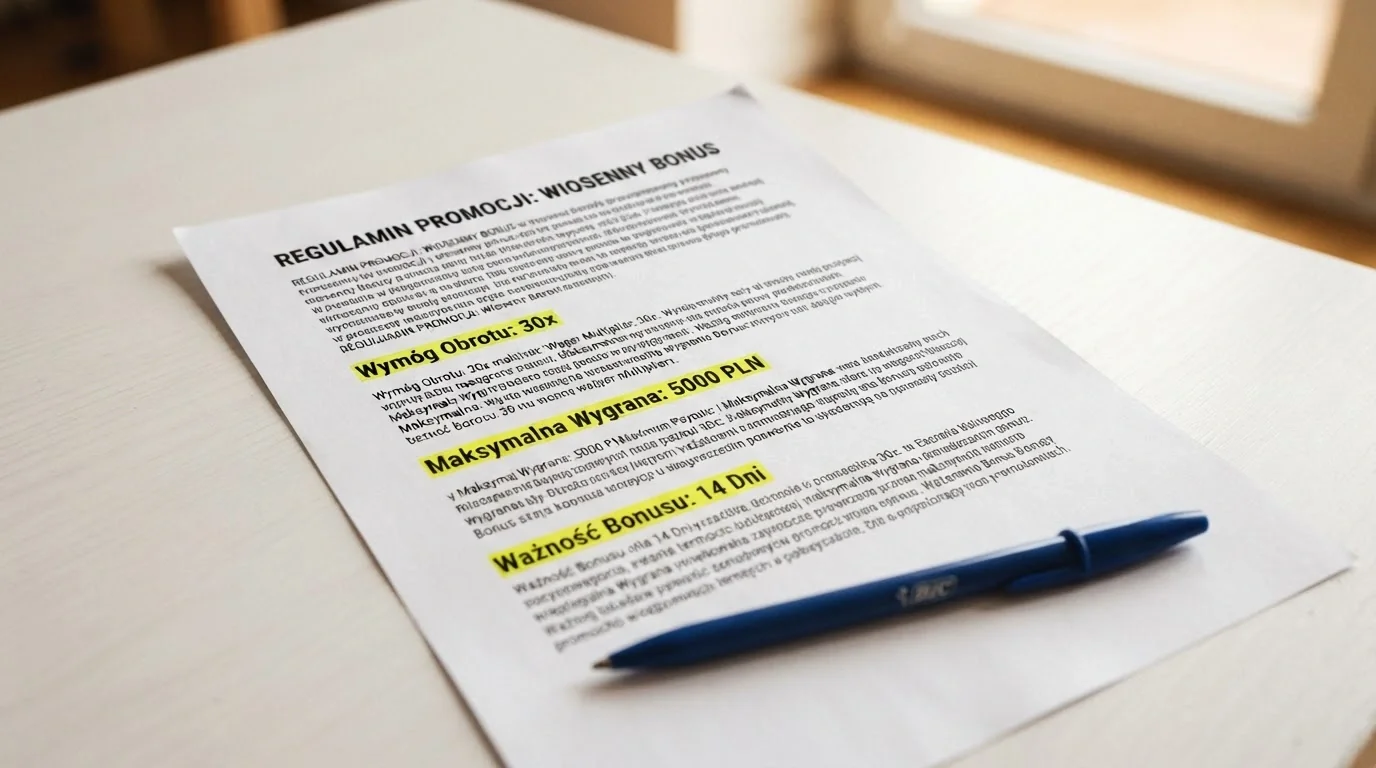 Fragment regulaminu promocji kasynowej z widocznymi warunkami obrotu, limitem wypłaty i czasem ważności bonusu