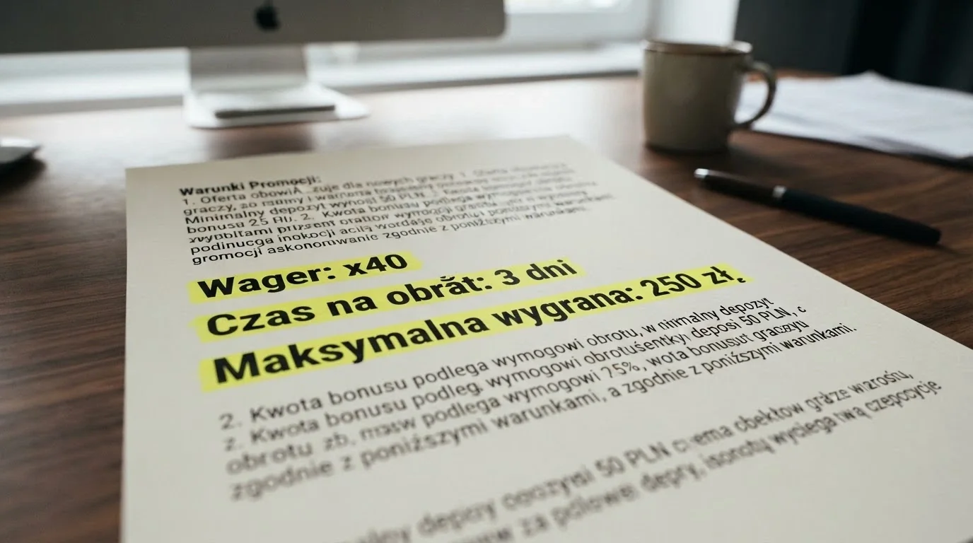Zbliżenie na fragment regulaminu bonusowego z podkreślonymi polami: wysokość wagera, limit czasowy, maksymalna wygrana