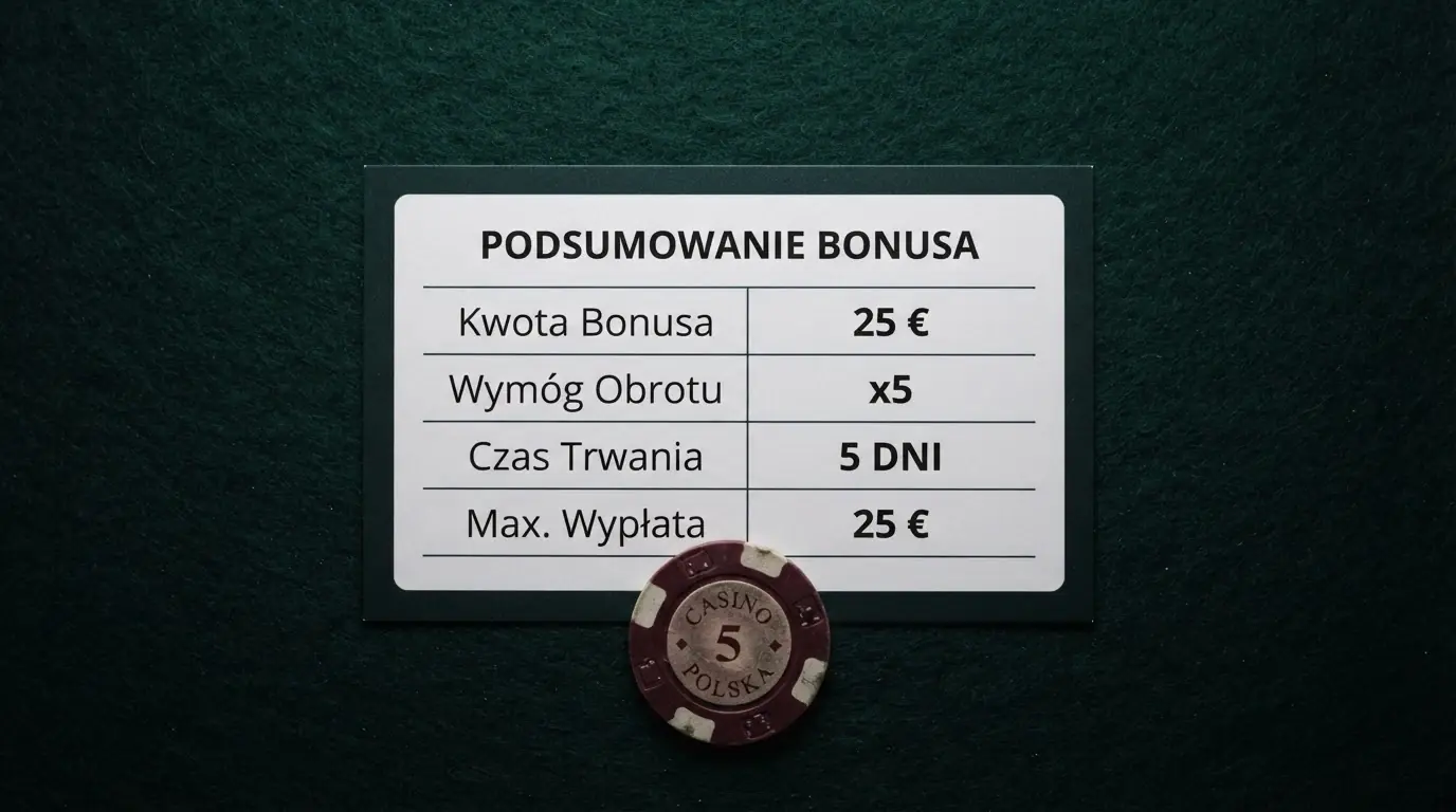 Zbliżenie na tabelę warunków bonusu — kwota 25 €, wymóg obrotu x5, limit czasowy 5 dni, maksymalna wypłata 25 €