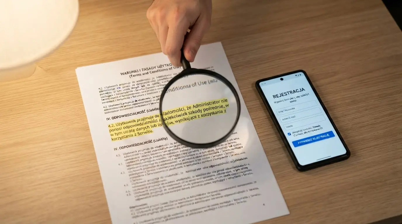 Zbliżenie na fragment regulaminu promocji kasynowej z lupą powiększającą nad sekcją „Wymóg obrotu” i „Limit wypłaty”, na biurku obok leży smartfon z otwartą rejestracją w kasynie