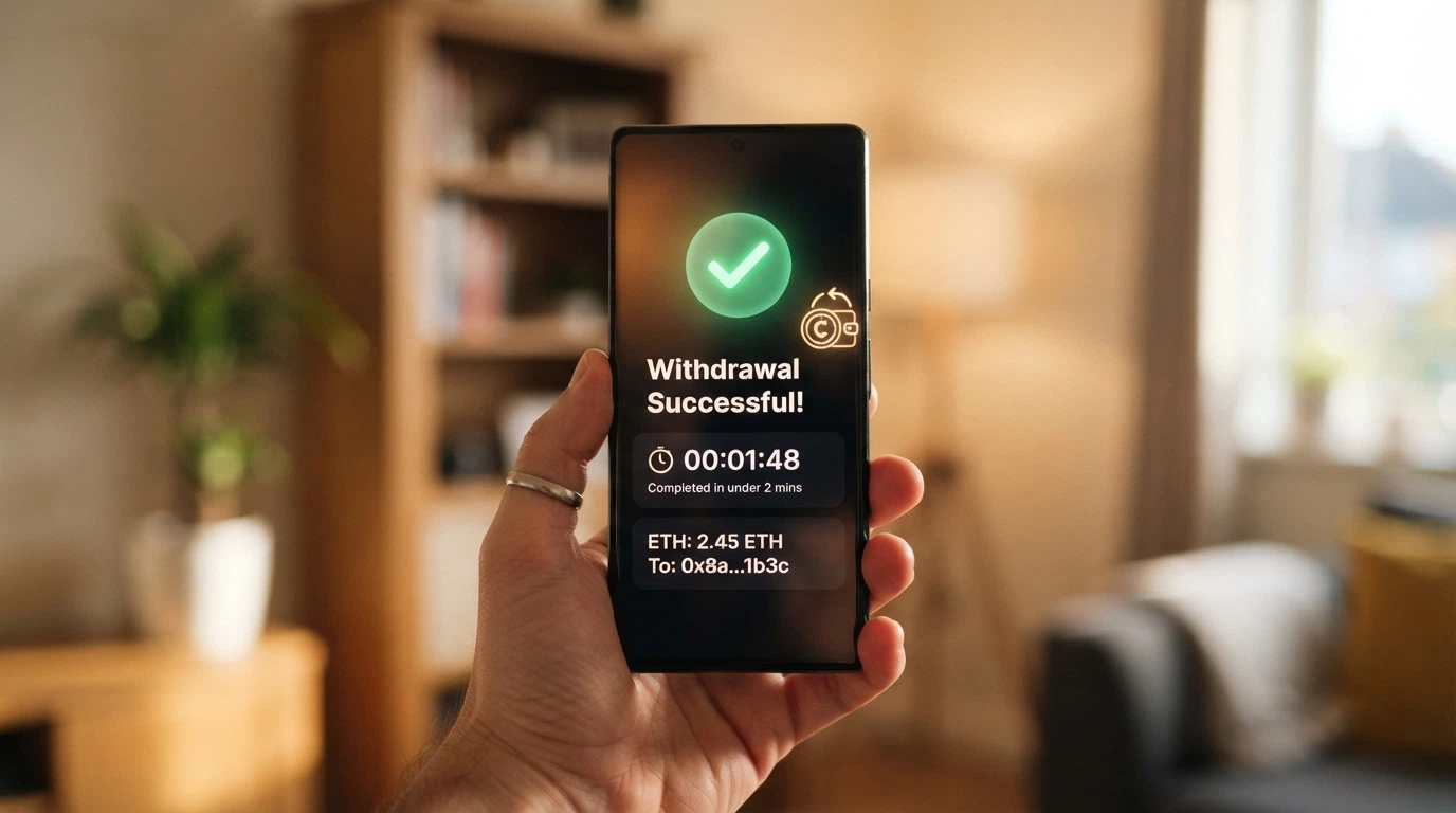 Ekran z potwierdzeniem wypłaty w kryptowalucie i widocznym czasem realizacji